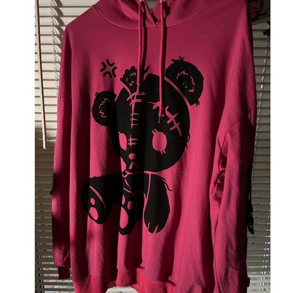 ROMWE Pink and Black Teddy bear hoodie